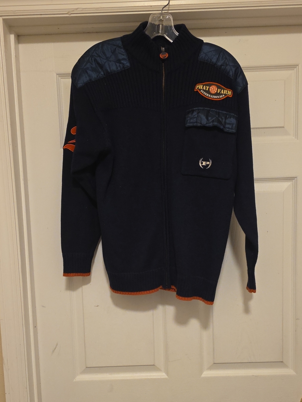 Phat Farm Navy Full-Zip Men’s Sweater with Orange Accents